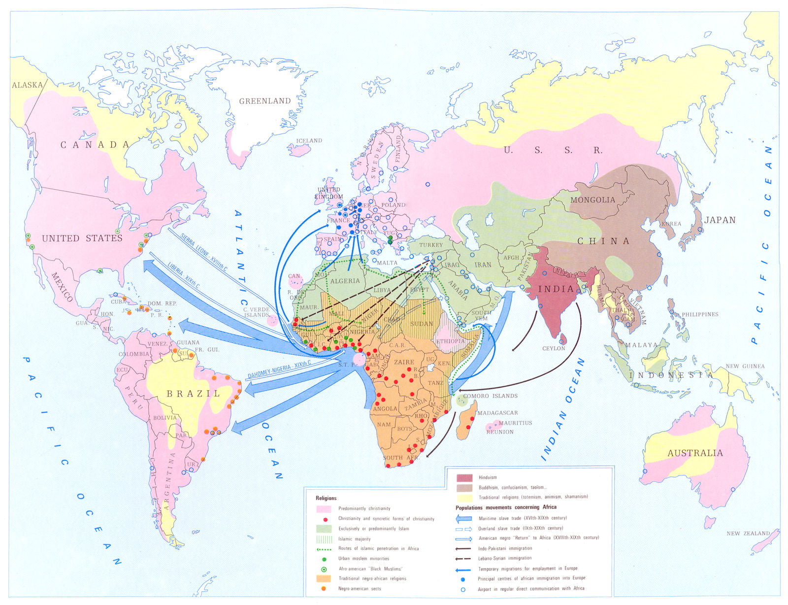 AFRICA. Africa and the World. Religion migration 1973 old vintage map chart